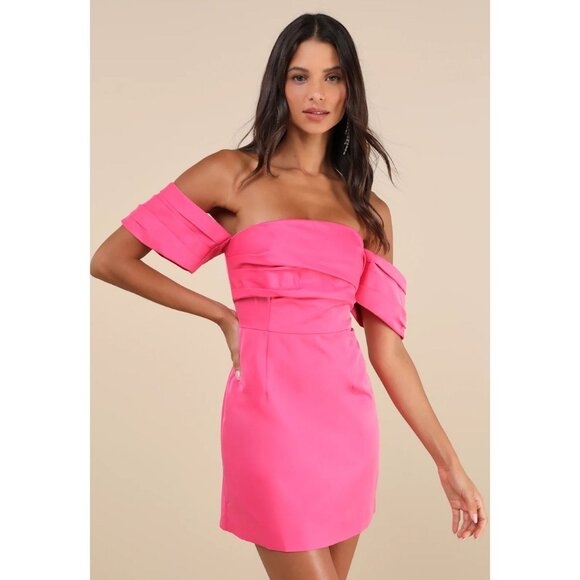 Lulus Dresses & Skirts - Lulus Totally Haute Pink Satin Pleated Off-the-Shoulder Mini Dress Size M NWT!